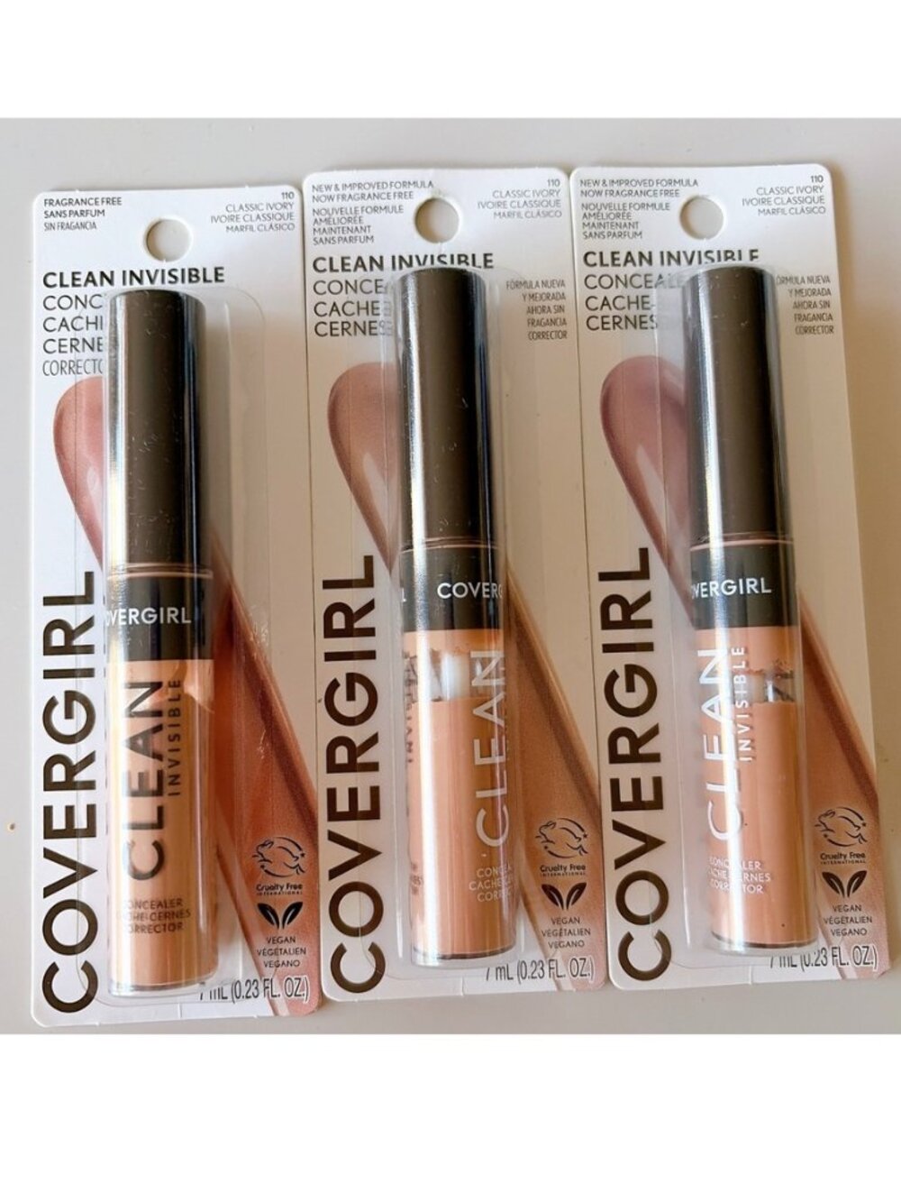 Lot of 3 CoverGirl Clean Invisible Concealer 110 Classic Ivory 0.23 fl oz